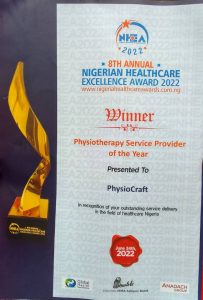 The document naming physiocraft as the physiotherapy provider of the year